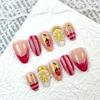24PCS Spring Summer Pink French Press On Nails, Fresh Strawberry Lemon Almond Fake Nails