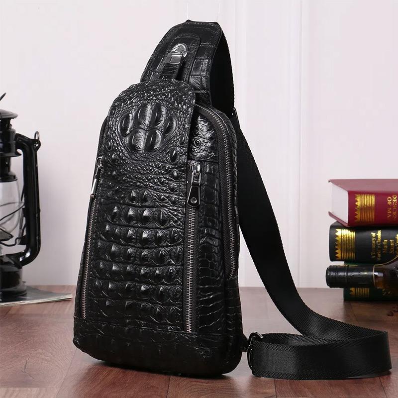 

Нагрудная сумка из крокодиловой кожи, мужская сумка-мессенджер, поясная сумка, трендовая кожаная сумка на плечо, повседневная модная однотонная сумка 30cm*6cm*20cm чёрный