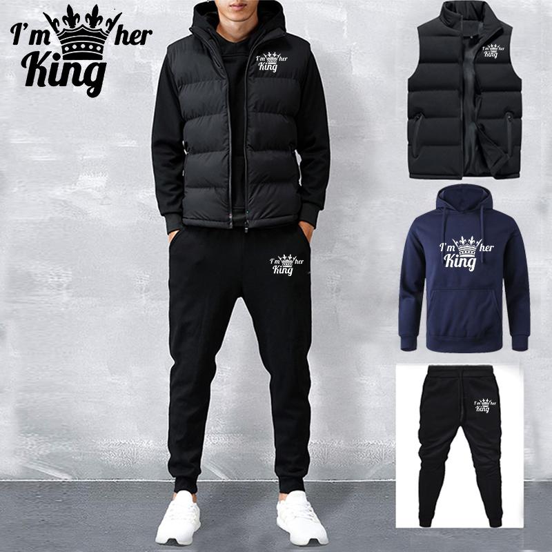 Men's Tracksuit New Autumn and Winter Solid Color  Printed Hoodie + Vest + Pants Three-piece Set Couple Casual Sportswear