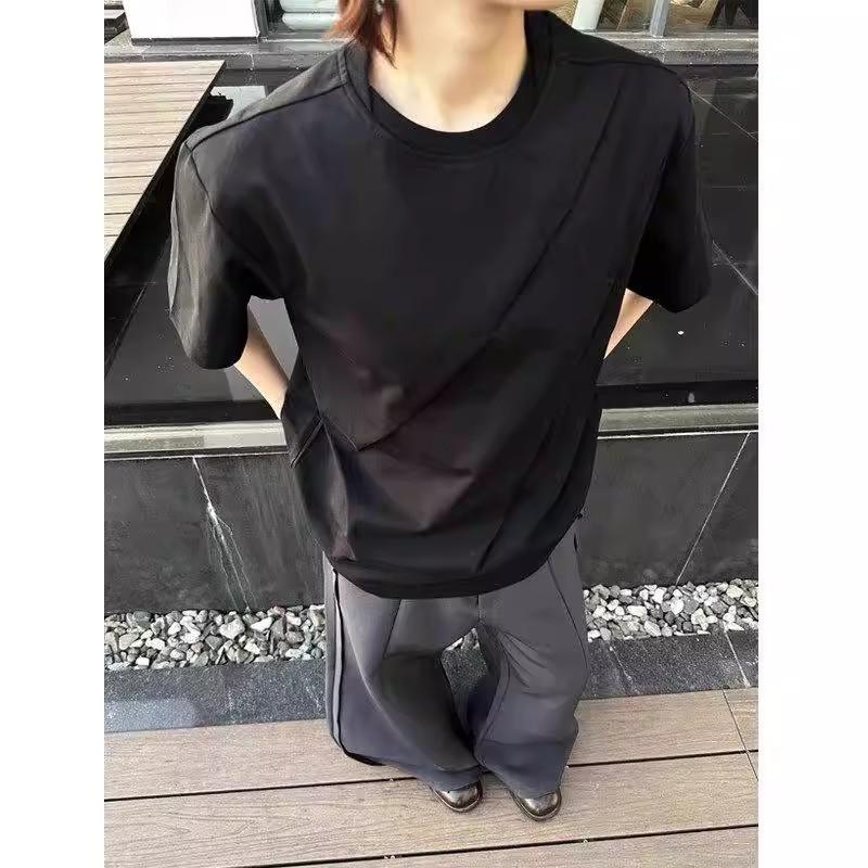 

Мужская серая меланжевая футболка оверсайз с коротким рукавом Повседневная Асимметричный шов Деталь Уличная одежда Топ M чёрный