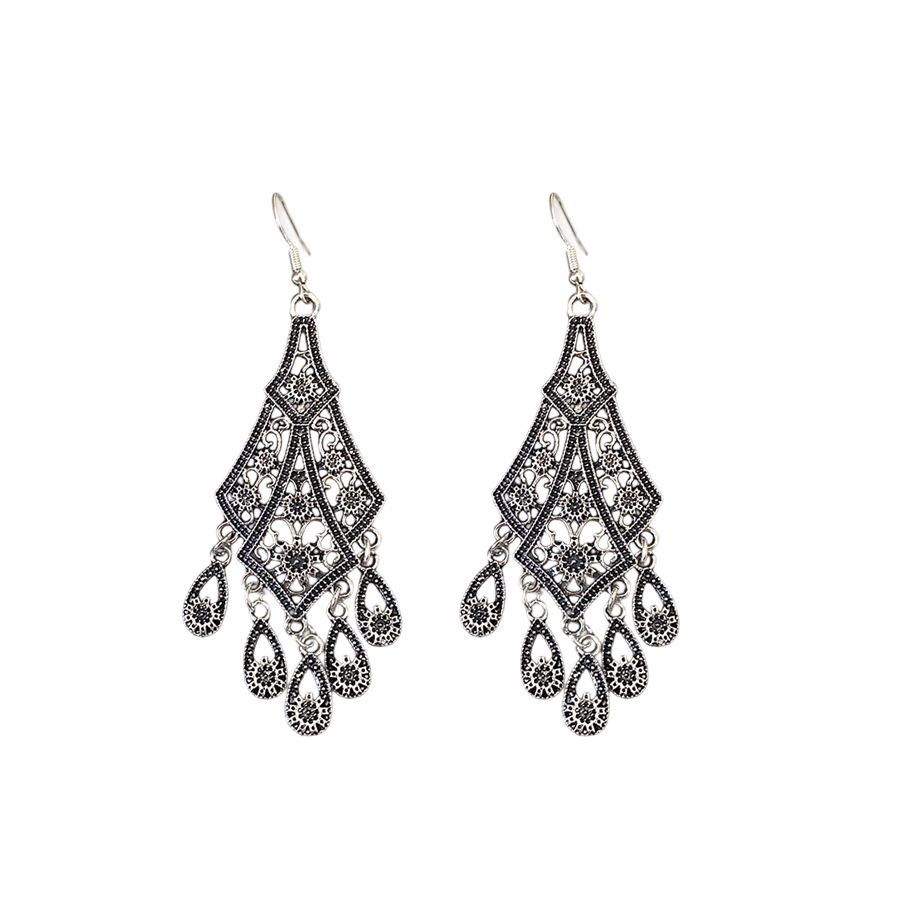 Retro Ethnic Style Hollow Flower Rhombus Water Drop Fringed Earrings Fashion Versatile Earrings Light Luxury High-end Earrings