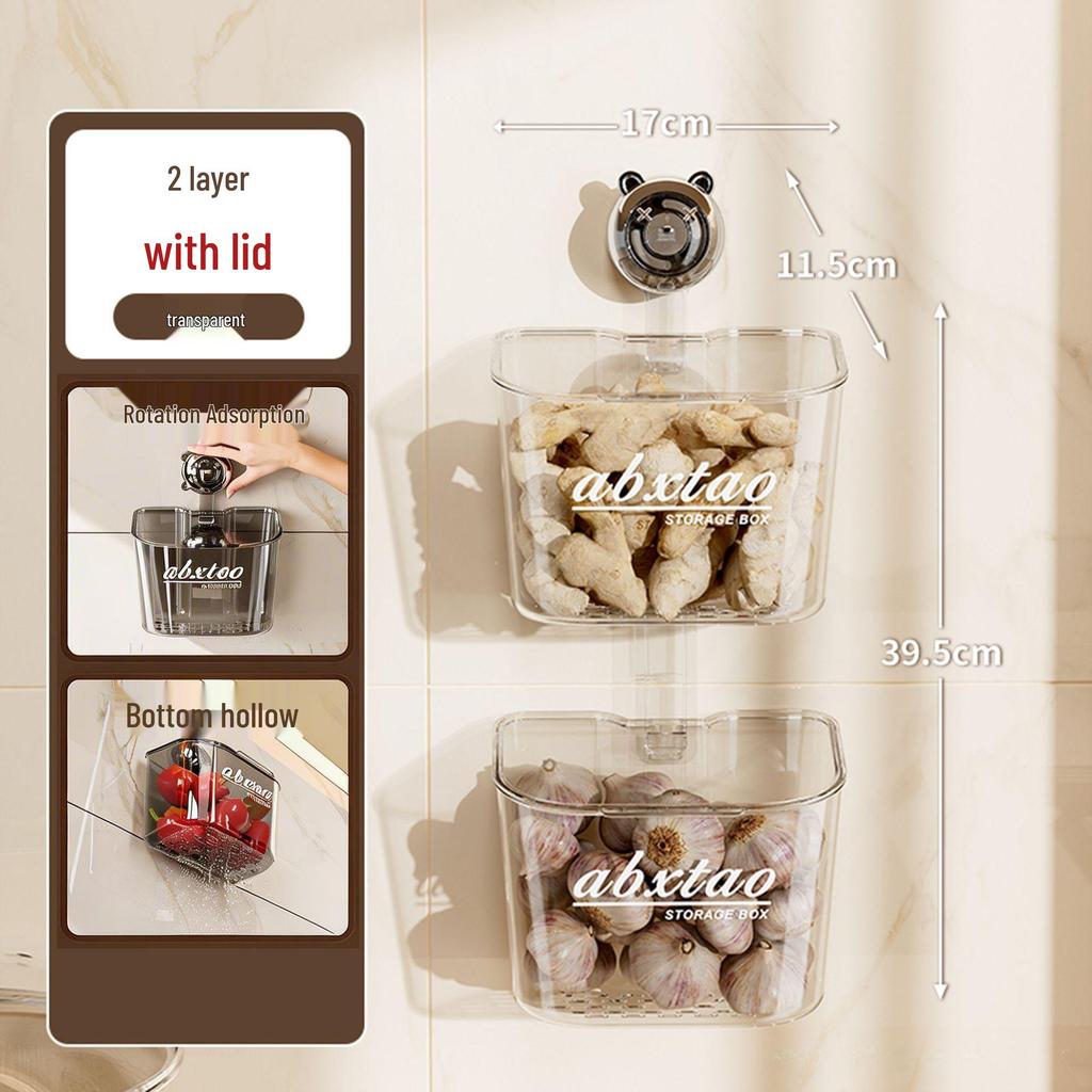 Wall-Mounted Kitchen Storage Box for Scallions, Ginger, and Garlic - Suction Cup Drainage Basket, No-Punch Hanging Design