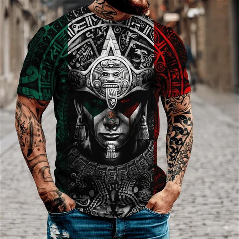 Summer Round Neck 3D Aztec Style Pattern Print Top Fashionable Casual Short Sleeved Men's T-shirts