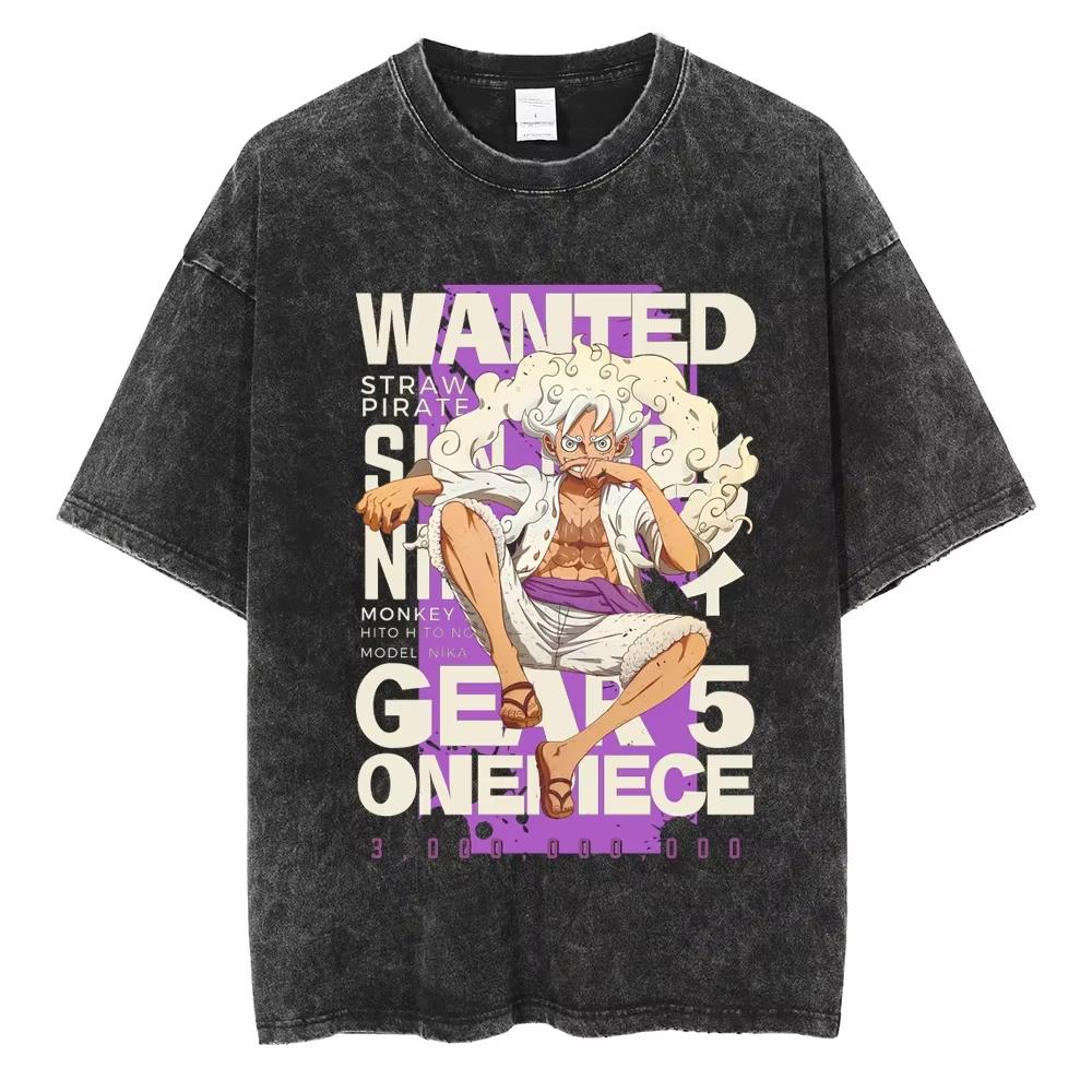 Luffy ONE PIECE Anime Harajuku Vintage Washed Retro Tshirt Cotton Mens Streetwear Womens Shortsleeved Unisex Top