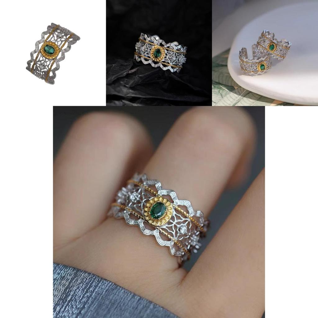 Elegant Luxury Style Open Adjustable Copper Ring For Women With Green Diamonds