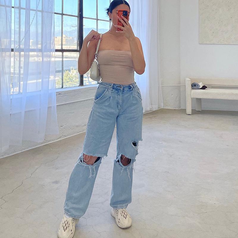 

European & American Street Style High-Waisted Ripped Slimming Wide-Leg Jeans for Women Small джинсовый синий