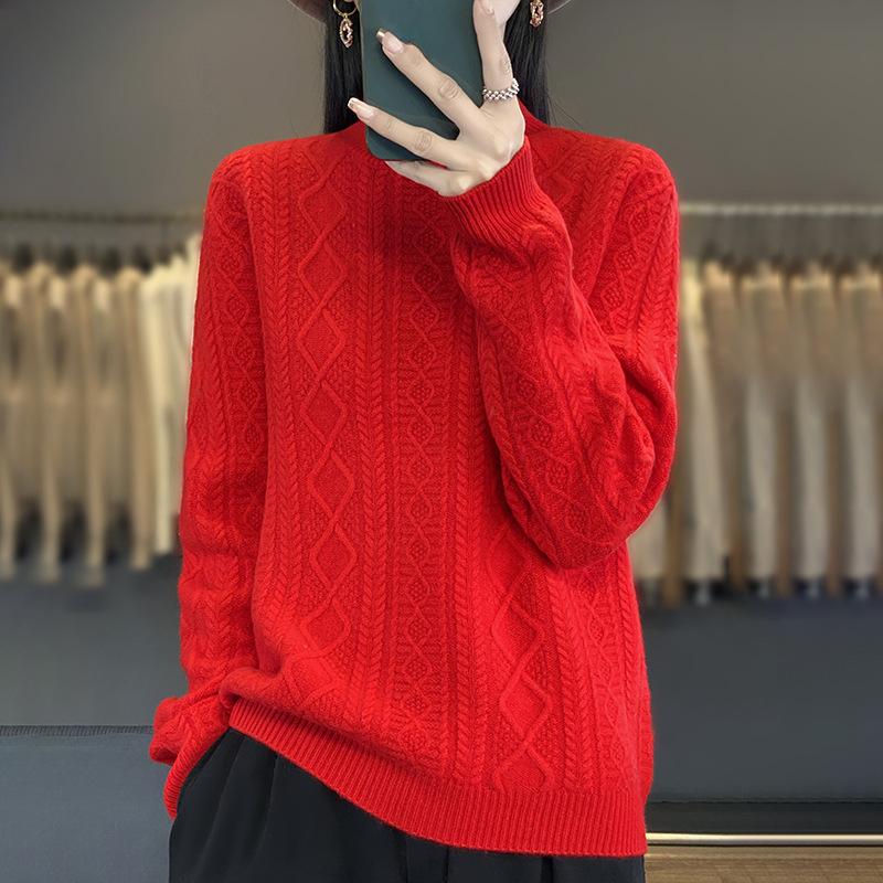 Solid Colour Half High Neck Threaded Stranded Flower Top Women's Pullover Knitted Sweater Tide