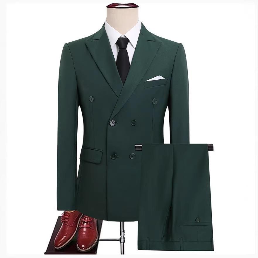 Men Plus Size Double Breasted Solid Color Slim Fit British Style Two Piece Suit