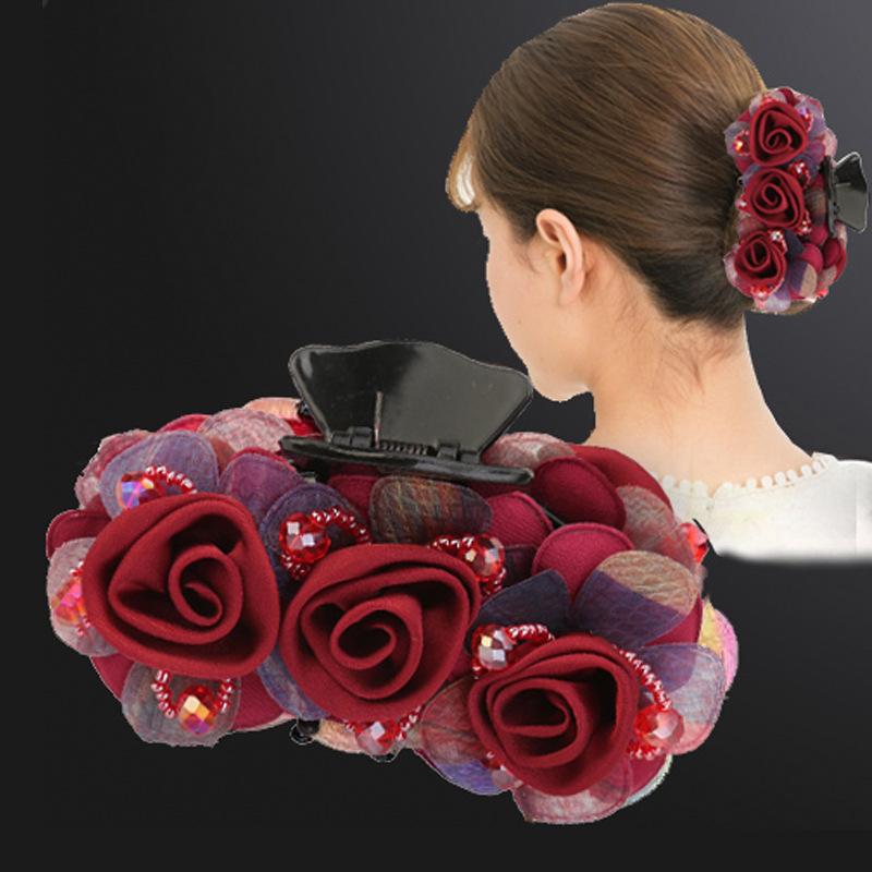 Non-slip Crossing Teeth Women Hair Claw Flower Beads Decor Bow Bath Hair Claw Styling Tool