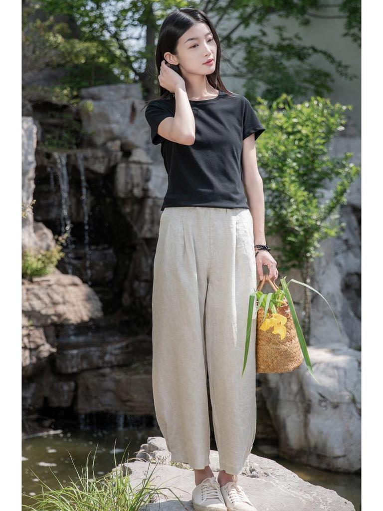 Spring Summer Artistic Loose Sand-Washed Linen Casual Pants for Women - Slimming, Lightweight Meditation Lantern Style