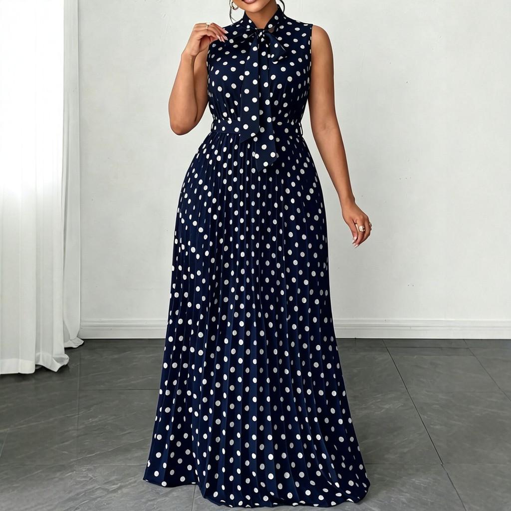Elegantes ärmelloses Polka-Dot-Kleid mit Bindeband für Sommerreisen und Freizeit