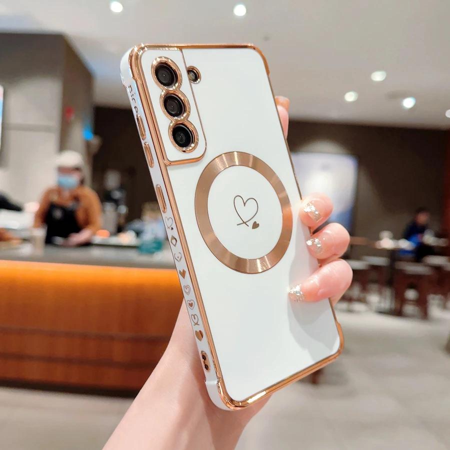 For Magsafe Case for Samsung Galaxy S23 Ultra S22 S21 Plus S24 Ultra S22Plus S20 S21 FE Electroplate Love Pattern Protect Covers