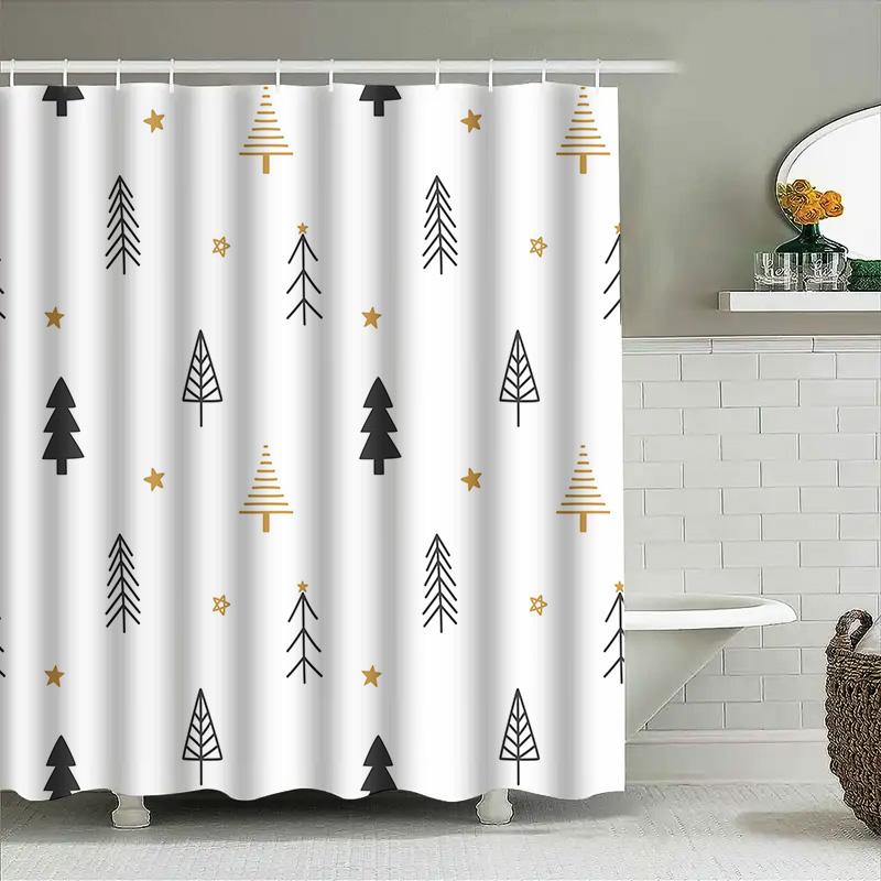 Gold Star Pine Tree Shower Curtain Christmas Bathroom Decor for Home Decoration Waterproof 180 x 240cm White