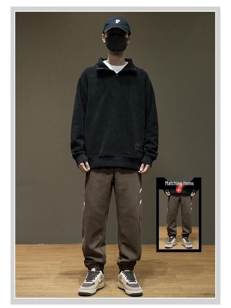 Men's Corduroy Half-High Collar Zipper Hoodie - Warm, Loose, Casual, Plus Velvet, Trendy Autumn/Winter Outerwear Sports Top