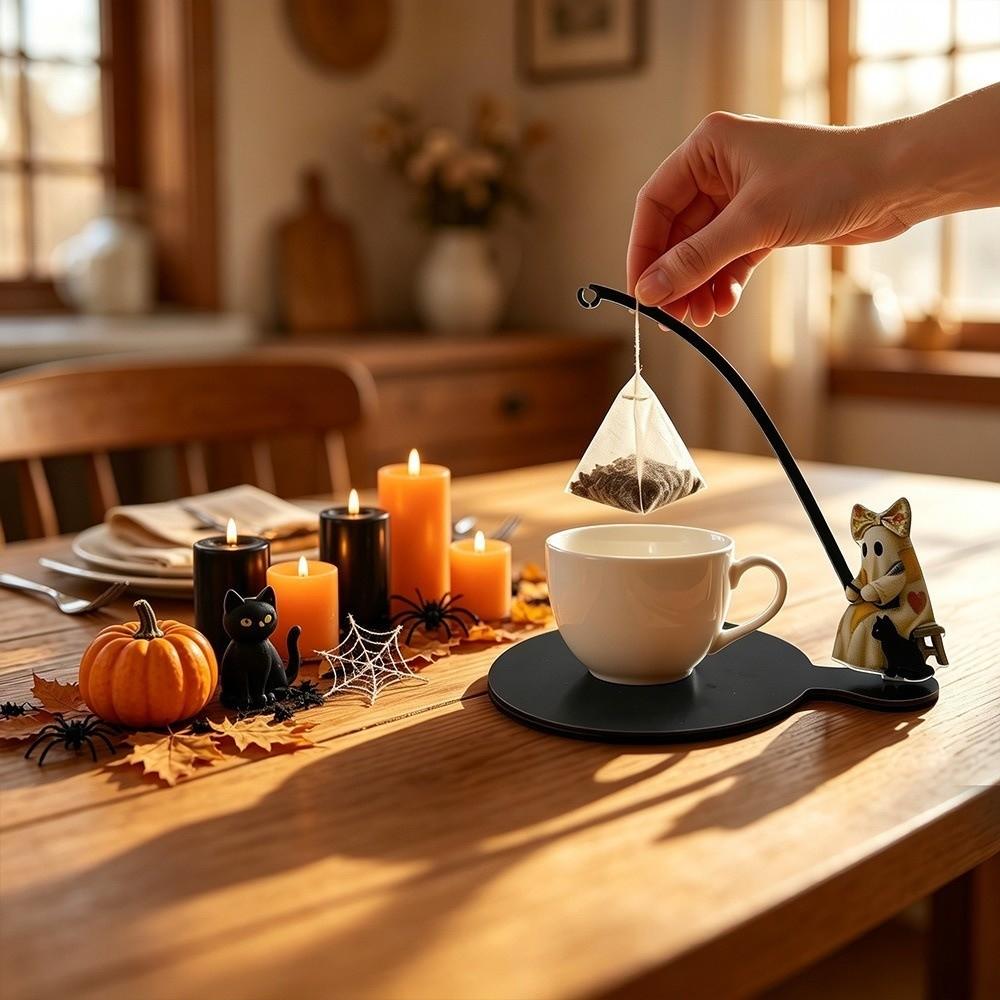 Fishing Ghost Tea Coaster Set Wooden Tea Bag Hanger Ornaments Tea Bag Stand Holiday Party