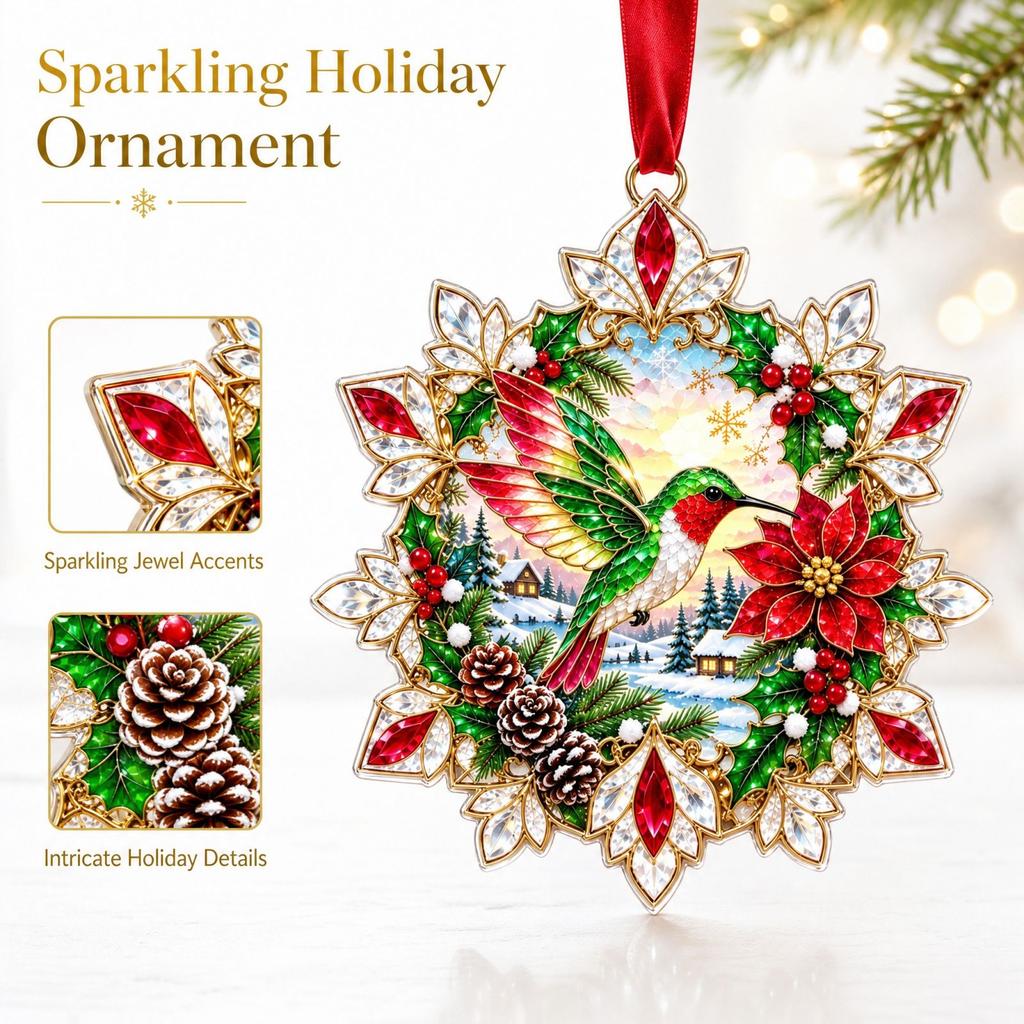 2D Flat Acrylic Snowflake Hanging Ornament with Glass- for Christmas Holiday Decor