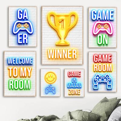 Gaming Neon På Vit Affischer Canvas Målning Videospel Väggkonst Bild För Lekrum Gamer Pojke Sovrum Heminredning Ingen LED