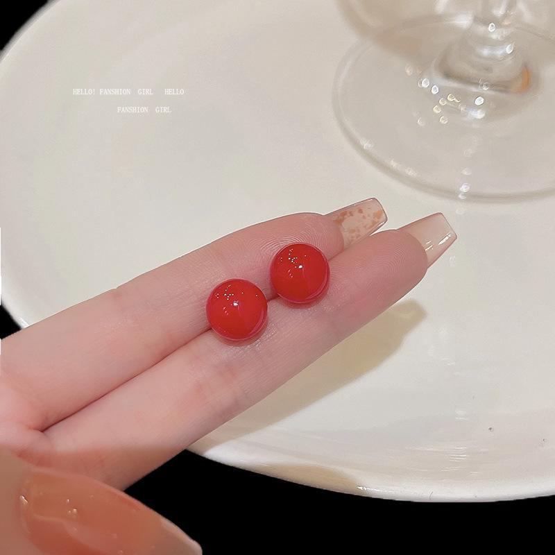 S925 Silver Needle Wine Red Bean Earrings: Trendy, Minimalist, Versatile Celebrity-Inspired Ear Jewelry