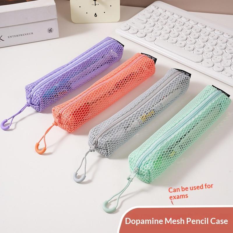 Portable Mesh Pencil Pouch Transparent Design with Smooth Zipper Hanging Hook for Business Trip Small Tools Storage