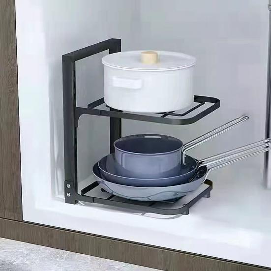 Multi-Layer Pot Storage Rack Strong Load-bearing Hollow Design Adjustable Cabinet Under-Sink Pan Rack Cookware Holder