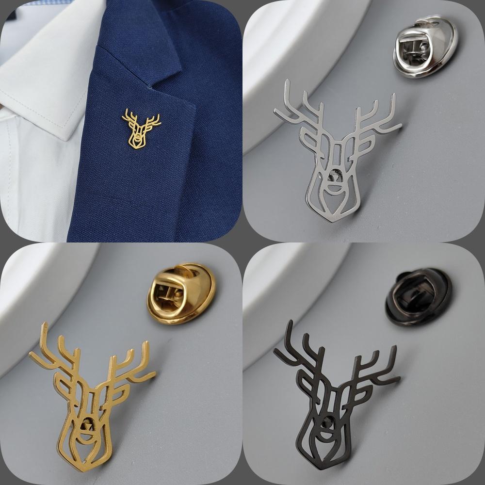 Deer Head Pattern Brooch for Mens Luxury Stainless Steel Hollow Animal Lapel Pin Clothing Accessories Christmas Party Gifts