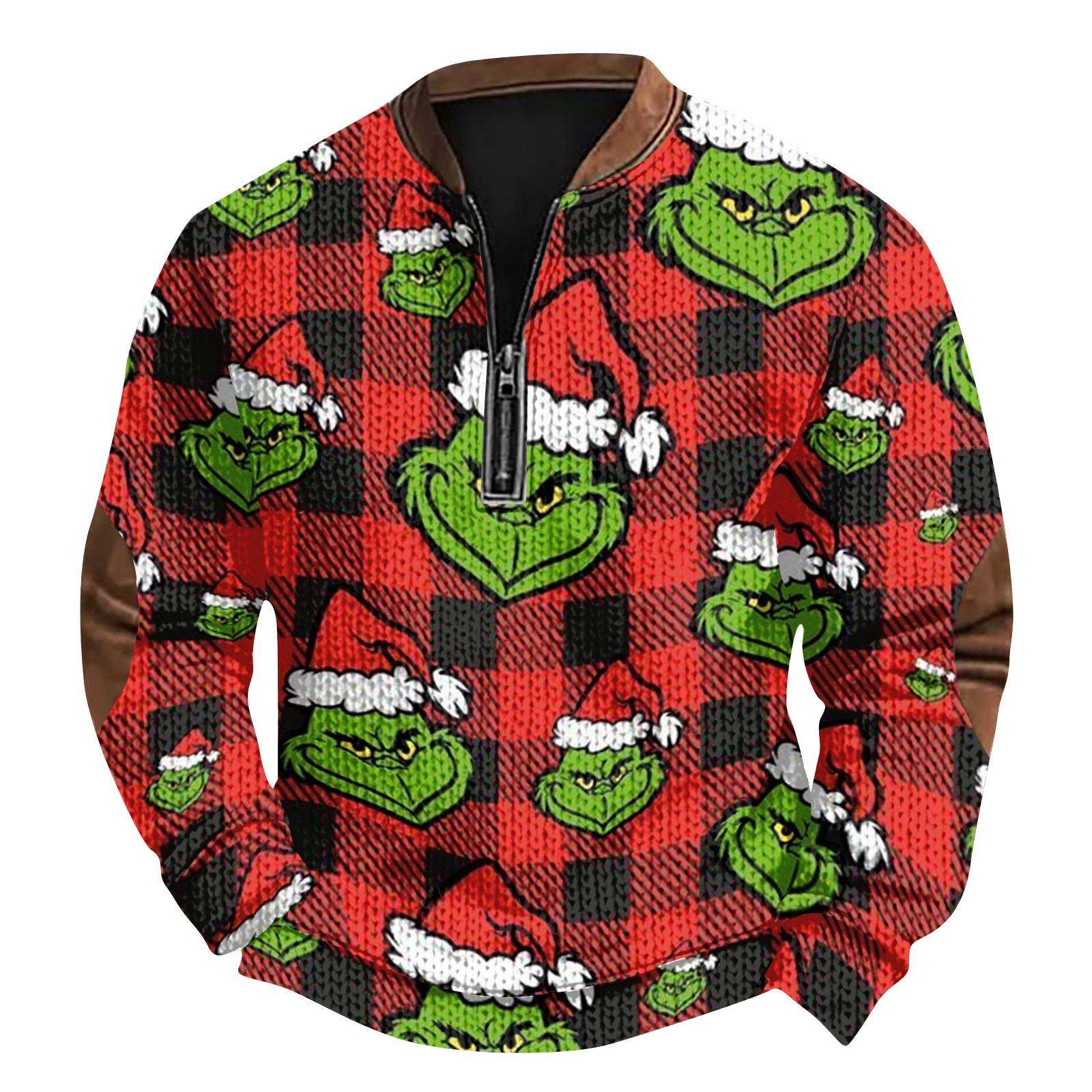 

Mens Christmas Sweater Zip Up Sweatshirts Vintage Knit Graphic Sweatshirt Xmas Stand Collar Pullover XXXL винний