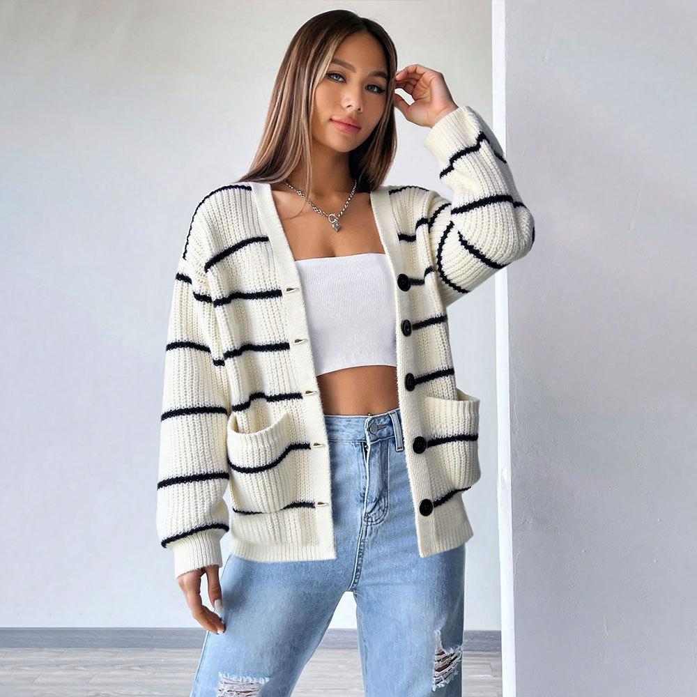 DAFIFY  Women's Fashion Casual Fall Winter Stripe Print Long Sleeve Sweaters