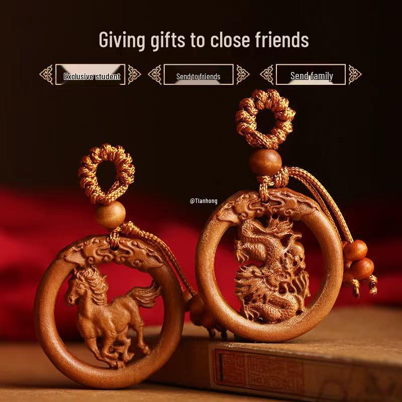 Peach Wood Zodiac Keychains: Year of the Dragon Pendant with Rat, Ox, Tiger Carvings - Carry-on Ornament Gift