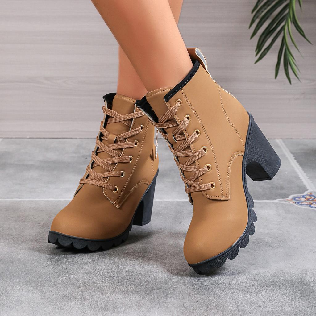 Autumn and Winter New Large-size Women's Boots Rhinestone High-heeled Round Head Lace-up Thick-heeled Fashion Boots