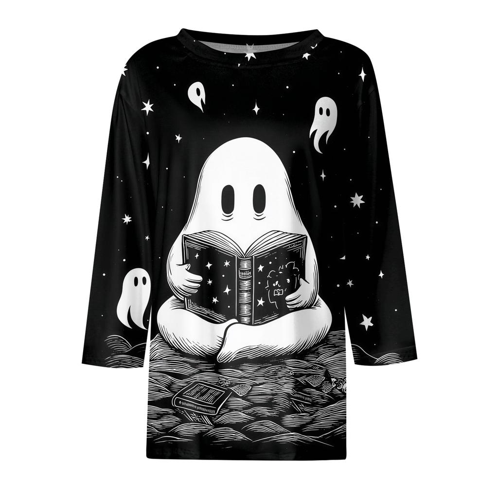 Women's 3/4 Sleeve Loose Fit Casual Shirt Round Neck Pullover Top Halloween Print Graphic T-Shirt for Everyday Wear