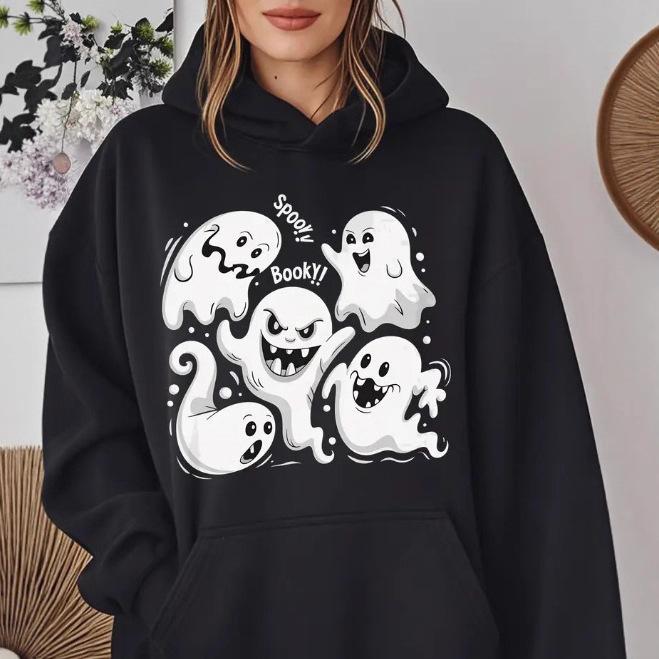 Ladies Spring Autumn Casual Sports Hooded Loose Long Sleeve Big Pocket Halloween Ghost Printed Pullover Hoodies Sweatshirt Top