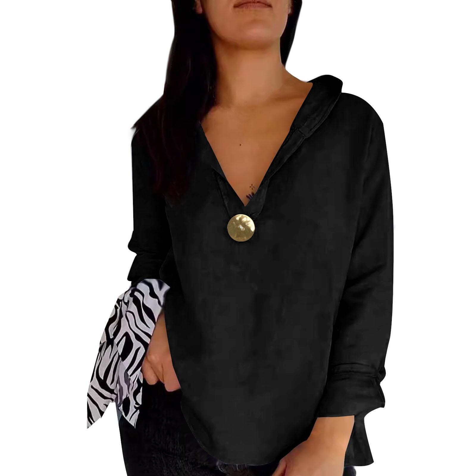 

Женский однотонный свободный топ из хлопка и льна с V-образным вырезом, на пуговицах, с капюшоном и длинными рукавами, повседневный топ L чёрный
