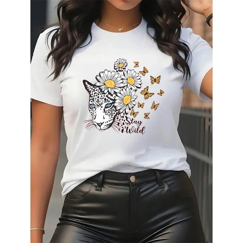 

Pink Leopard Print with Butterfly Floral Pattern, Vibrant and Wild Design. Machine-washable Printed Top with a Comfortable Casual Round Neckline S белый