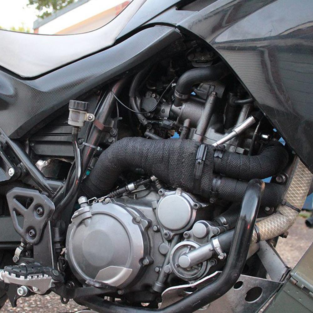 Hochwertige 2,5 cm * 5 m 10 m 15 m Titan/Schwarz-Abgaswärmewickelrolle für Motorrad-Fiberglas-Hitzeschildband mit Edelstahlbändern