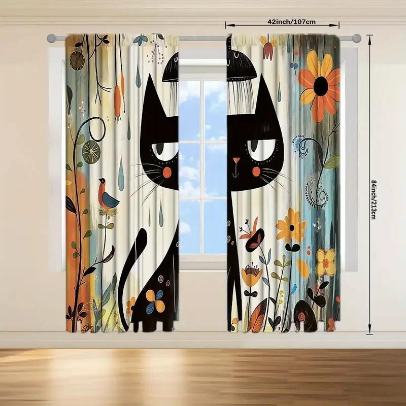 2 Pcs Cartoon cat flower print curtains,suitable for bedroom,living room kitchen decoration,home decoration,window decoration