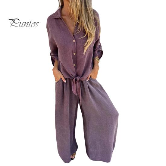 

Женский комплект из двух частей из хлопка и льна, топ с длинными рукавами и лацканами на пуговицах, подходящие к нему широкие брюки, повседневный комплект домашней одежды XL фиолетовый