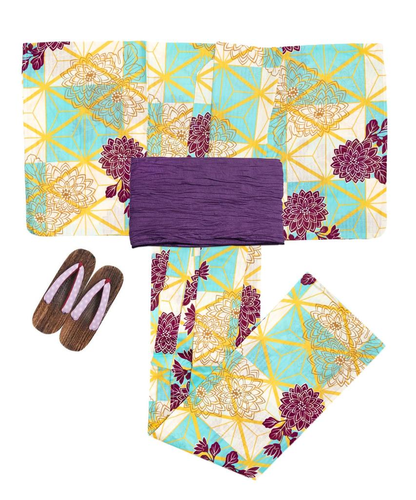Yukata Set Junior Retro Change Weave 3 Piece Set Heiko Girls [KYOETSU] (Yukata, Obi, Geta) (150cm, 5.Shadow Chrysanthemum)