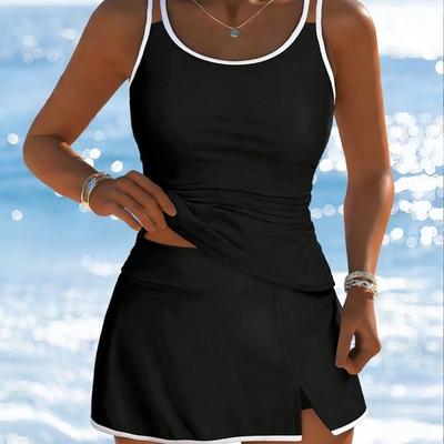 Kontrastní kosticový tankini set s boční kapsou, tílko bez rukávů a culottes plavky