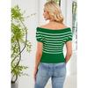 Women's Spring Summer Off Shoulder Striped Knit Top Short Sleeve Button Decor Slim Fit Cropped Casual Daily Blouse