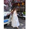 Beach Vacation Style White Spaghetti Strap Dress for Women, Summer Waist-cinching Slimming Large Slit Skirt, Elegant Mid-length Skirt