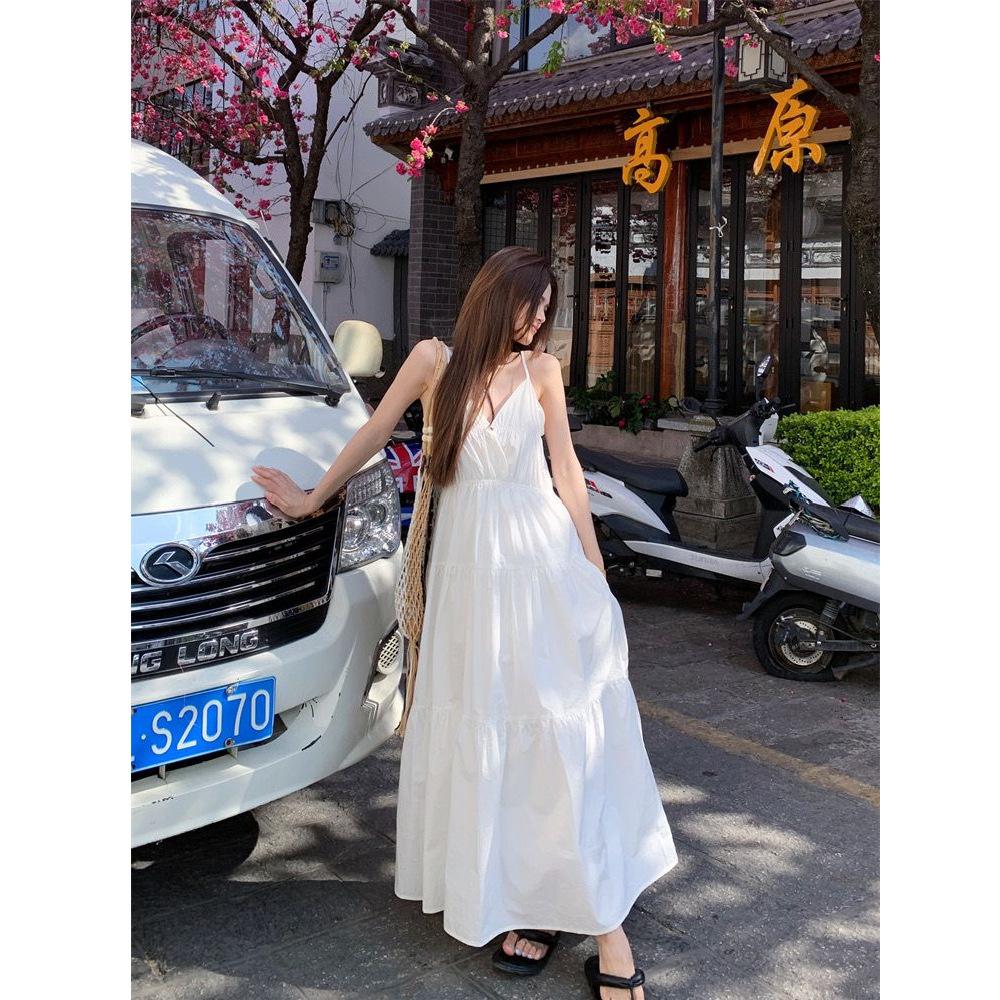 Beach Vacation Style White Spaghetti Strap Dress for Women, Summer Waist-cinching Slimming Large Slit Skirt, Elegant Mid-length Skirt