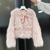 French socialite-style faux fur short jacket with bow and gold buttons for women, youthful autumn/winter plush top