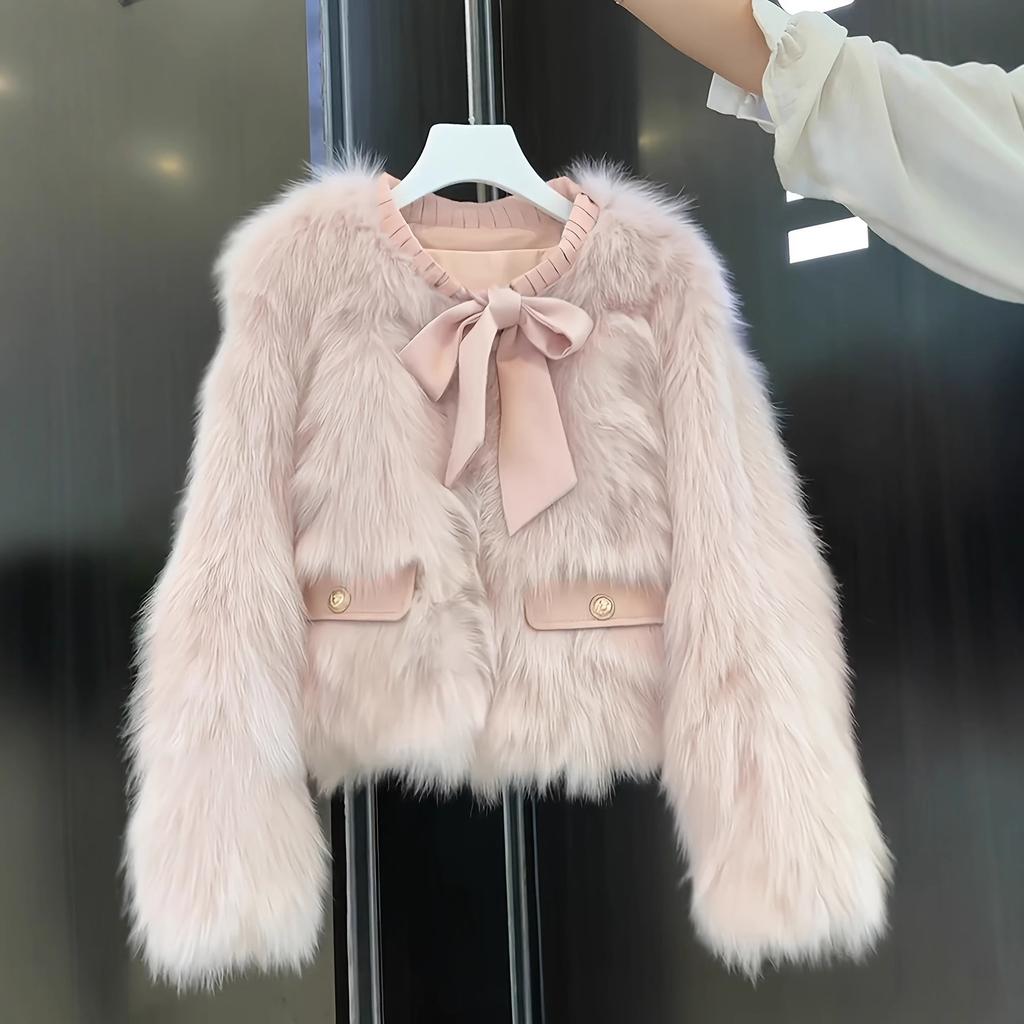 French socialite-style faux fur short jacket with bow and gold buttons for women, youthful autumn/winter plush top