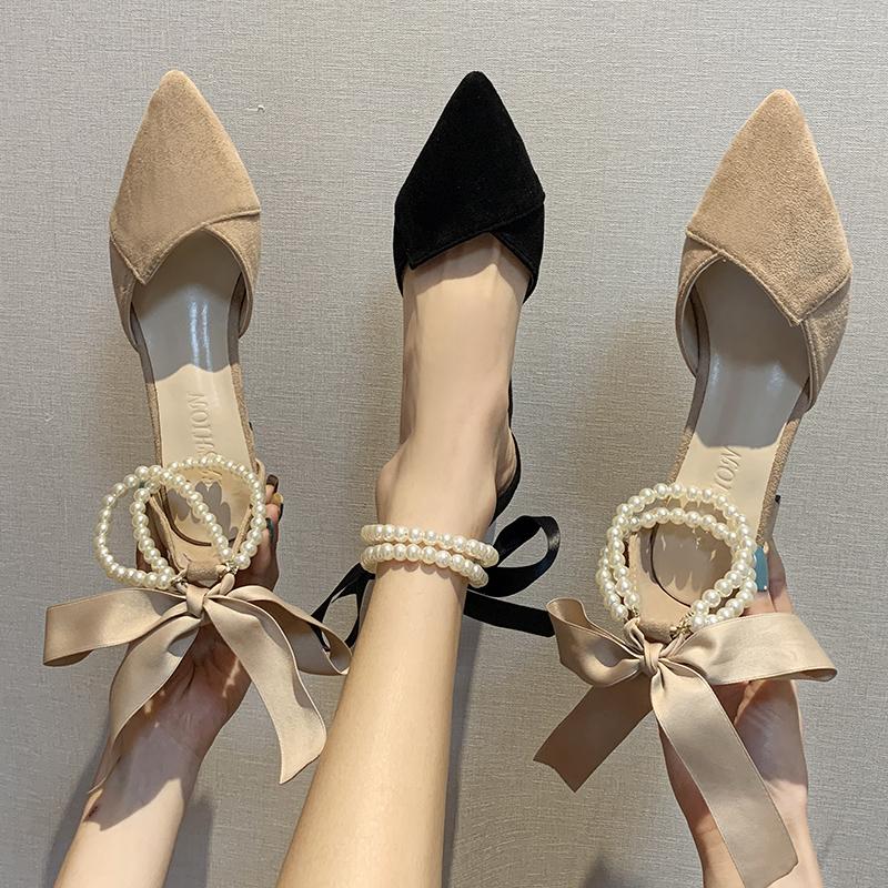 Fashion 2025 Summer New Women Hihg Heels Simple Low Heels Pointed Toe Shoes Women Fashion Footwear Ladies Fashionable Pearl Women Shoes