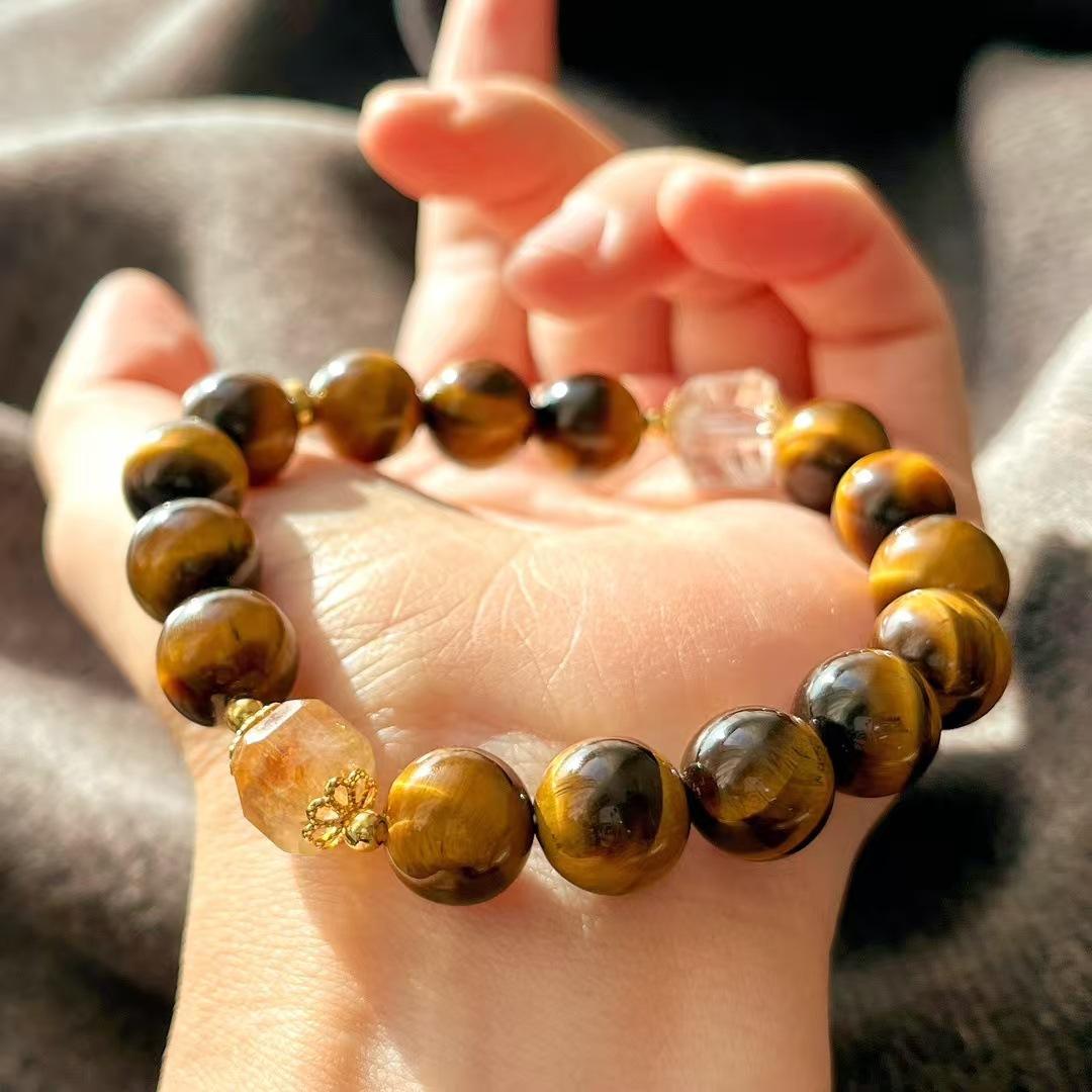 10Mm Retro High Matching Natural Tiger S Eye Stone Citrine White Crystal Bracelet Bracelet.