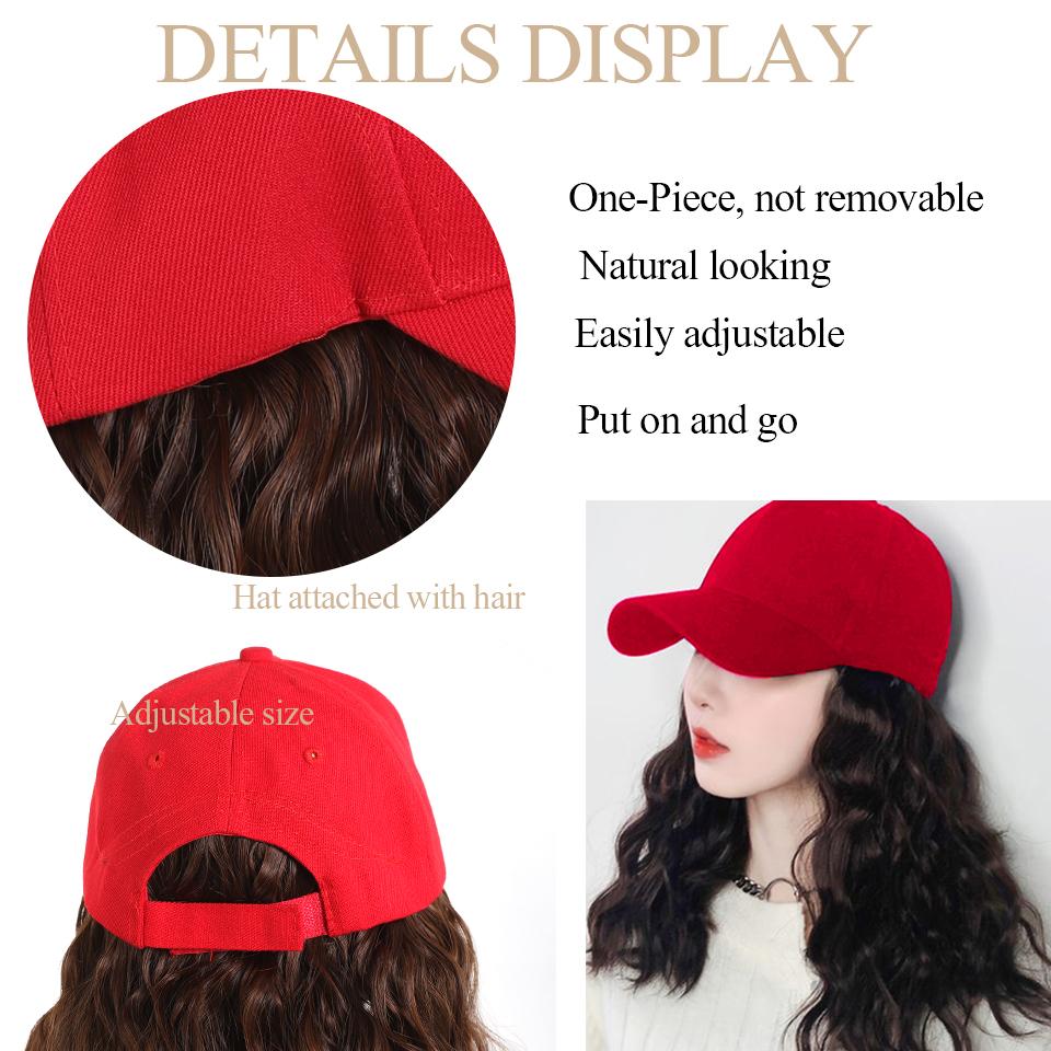Red Baseball Hat Synthetic Hair Extensions Short Water Ripple Hairstyle Adjustable Cap Wig Heat Resistant for Women Daily Use