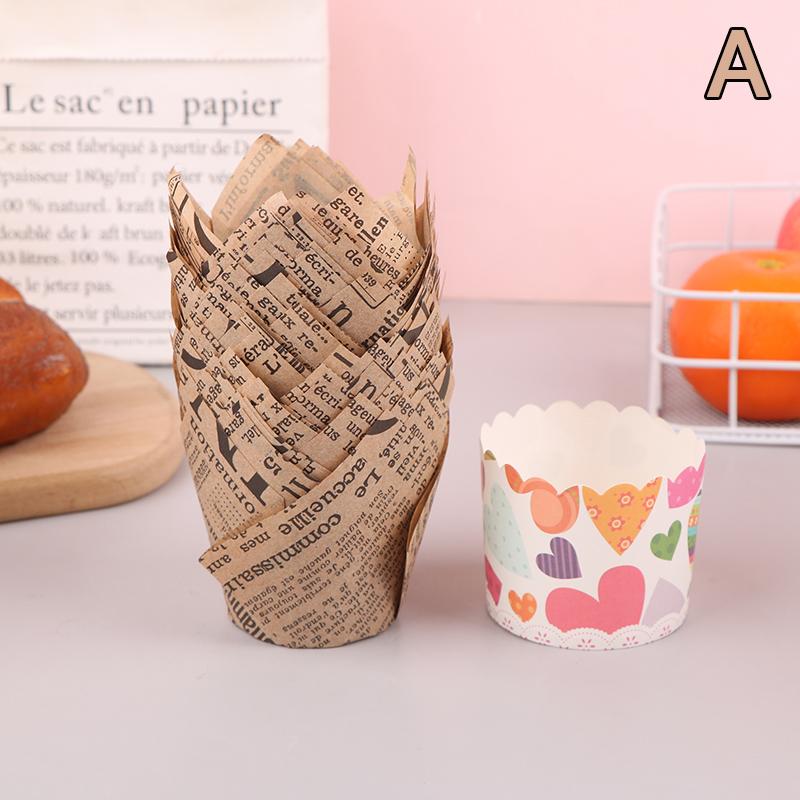 50 Stück Backförmchen im Zeitungsstil für Hochzeitsfeier Caissettes Tulpen-Muffin-Cupcake-Papierförmchen Ölfest Kuchenverpackung