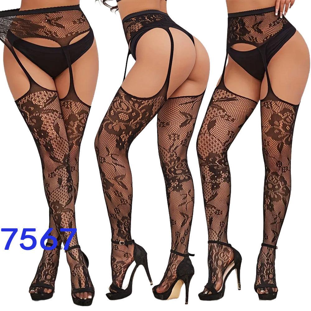 New style open crotch lace transparent suspender black silk sexy fishnet stockings non-slip one-piece suspender belt for women