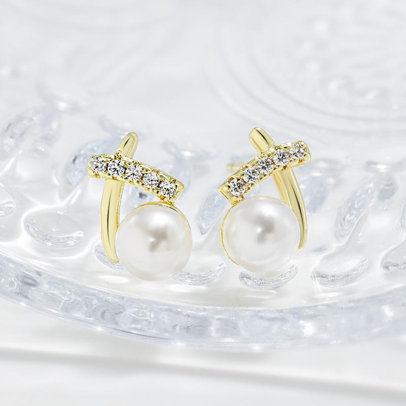Small Lines X Earrings Japanese and Korean Version Diamond-set High-end Feel Personalized and Cold Style Letter Cross Pearl Earrings