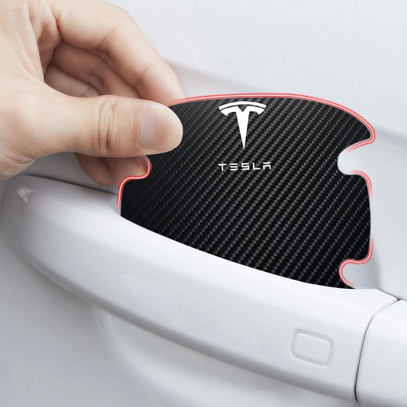 4Pcs/Set Carbon Fiber Scratches Resistant Car Door Handle 3D Sticker For Tesla Model 3 Model S Model X Model Y Roadster Performance Decor